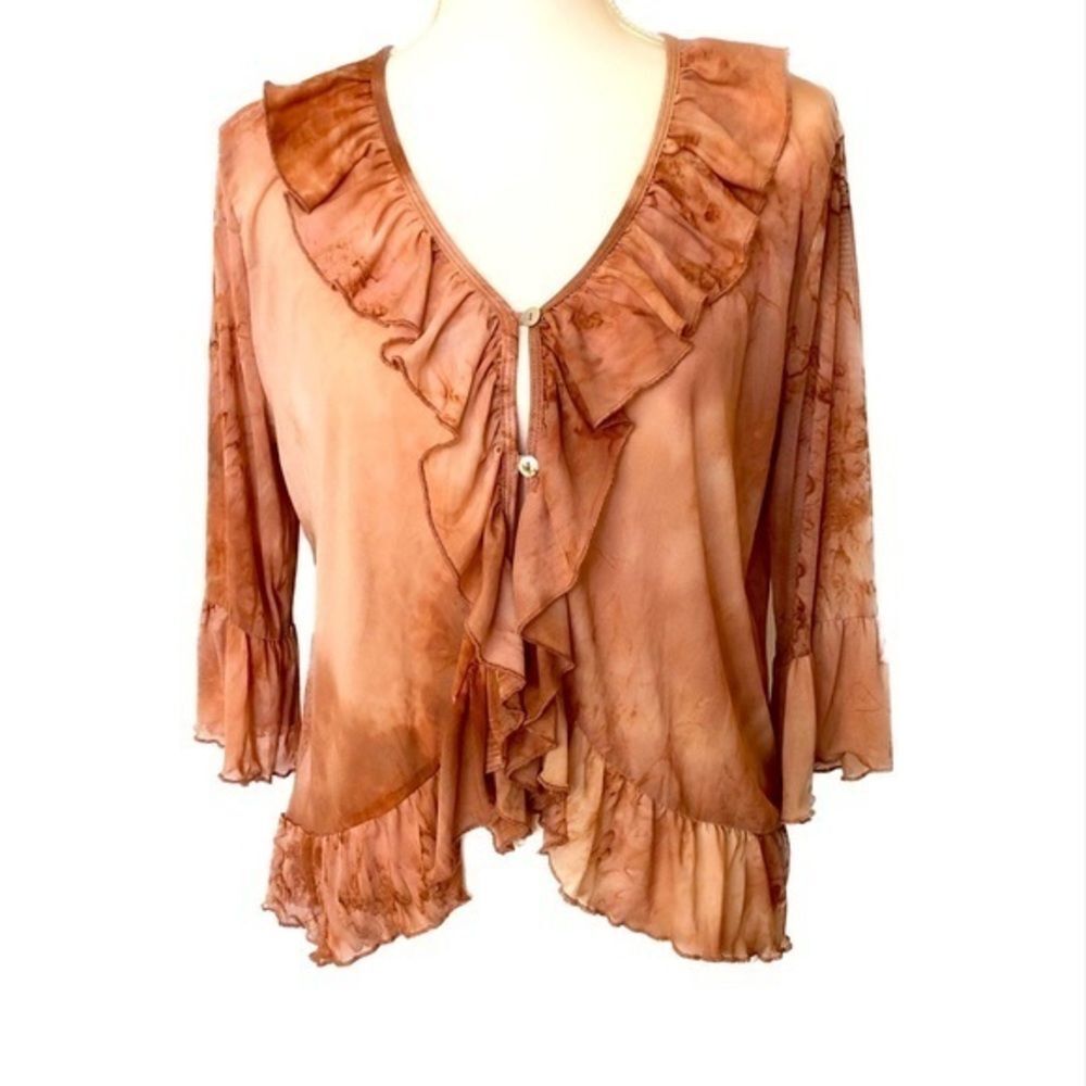 Aritzia Creneau Sheer Button Up Ruffled Tie Dye Layering Blouse Shabby Chic